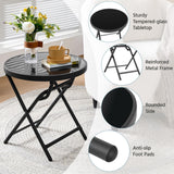 Yaheetech Outdoor Folding Side Table, Round Patio Folding End Table with Silk Tempered Glass Tabletop, Portable Small Garden Bistro Table for Garden Balcony Porch Deck, Black Yaheetech