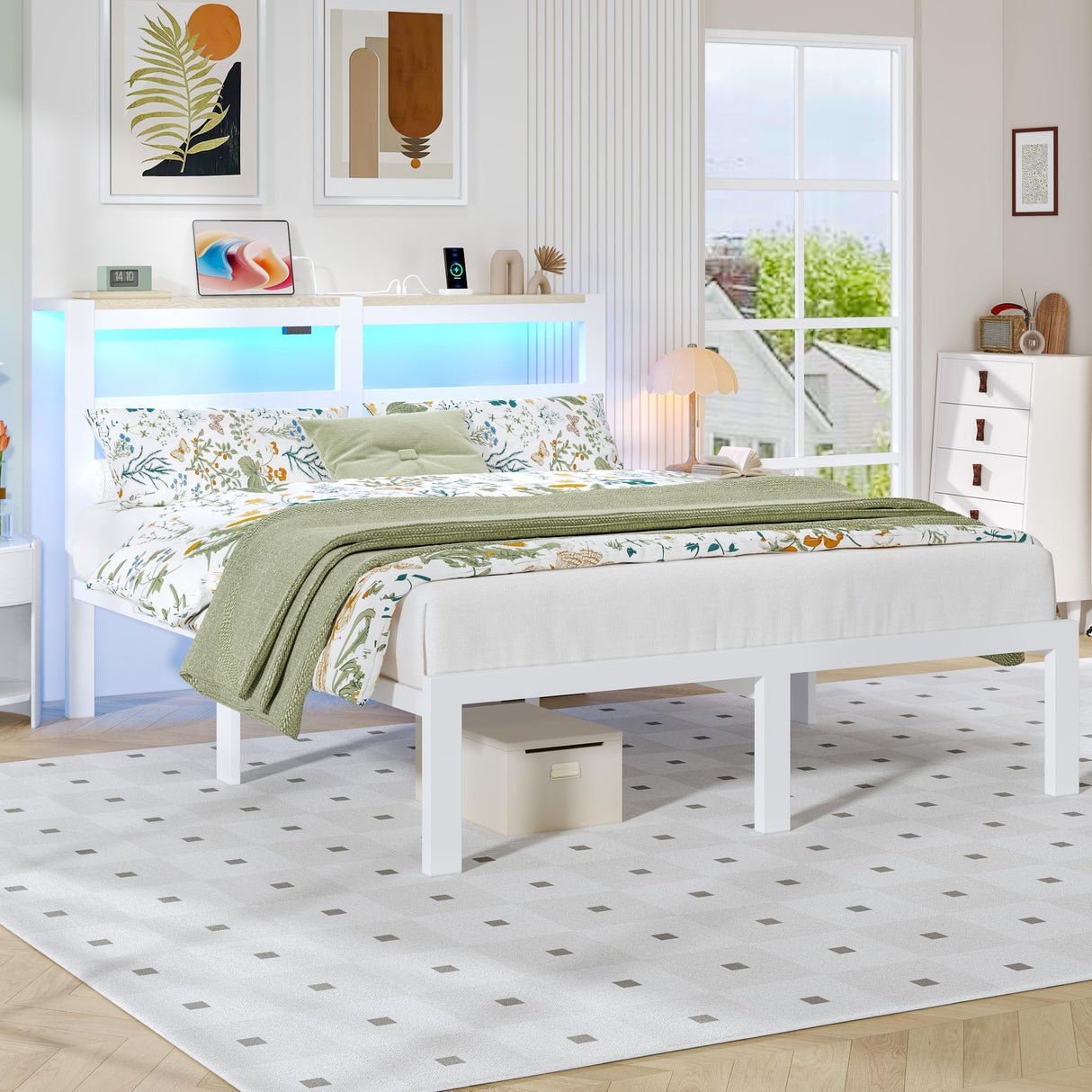 ChicZhiNest Full White Bed Frames with Charging Station and LED Lights, Full Platform Bed with Heavy Duty Metal Slats, Storage Headboard, Under Bed Storage, No Box Spring Needed, Noise Free ChicZhiNest
