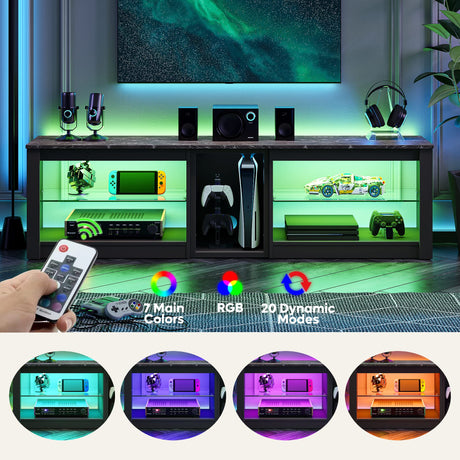 Bestier TV Stand for 70 inch TV, Gaming Entertainment Center for PS5, LED TV Cabinet with Glass Shelves for Living Room, 63'' Inch, Marble Black Bestier