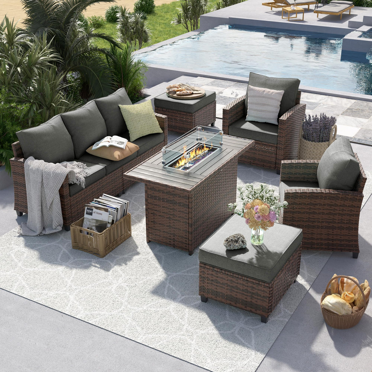 UDPATIO Outdoor Patio Furniture Set with 44" Fire Pit Table, 6 Pieces Sectional Conversation Sets, All-Weather Wicker Rattan Sofa Ottoman with 4" Thick Cushion for Garden Backyard Deck, Dark Grey UDPATIO