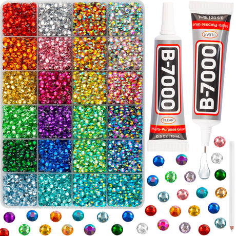 10000Pcs Multicolored Rhinestones for Crafts with b7000 Gem Glue for Clothes Clothing, Flatback Rainbow Colored Rinestones Crystals Diamonds for Fabric Shoes, Flat Back Multi Colorful Gemstones 5mm Worthofbest