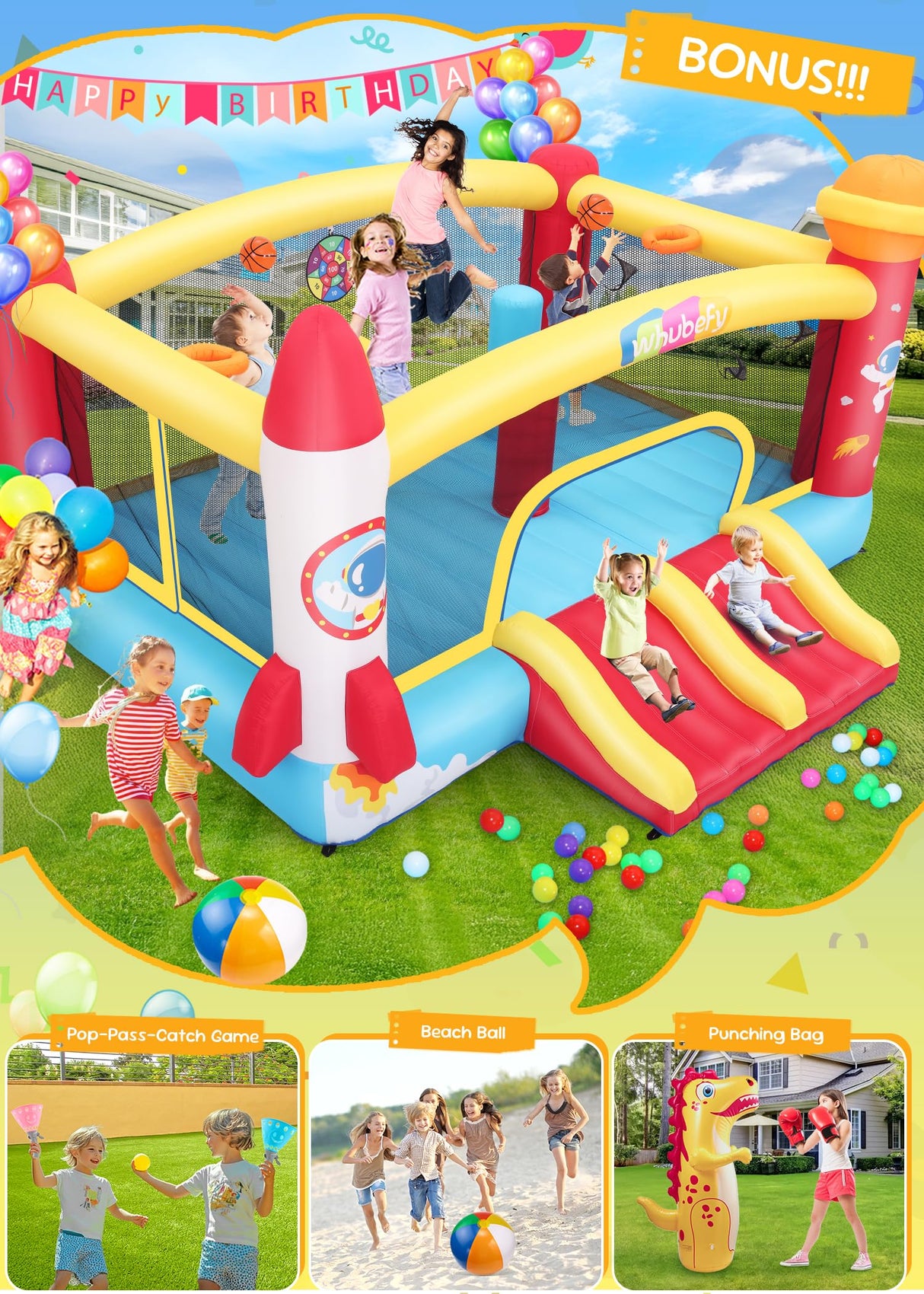 Whubefy Inflatable Bounce House for Big Kids 3-12 with Double Racing Slide & 3 Punching Bag Obstacle Course | Large Space Rocket Blow Up Bouncy Castle 13.1x11.2x7.1ft w/Blower, Indoor Outdoor Fun 8-12 Whubefy