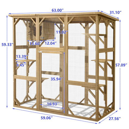 LEISU Large Outdoor Cat House Outdoor Wooden Cat Cage Cat Enclosure with Weatherproof Large Run, Jumping Platforms for Play Catio Cat Patio with Large Entrance Easy to Clean (Begin Color)