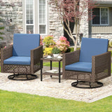 YITAHOME 3 Pieces Swivel Rocking Chairs, Patio Wicker Chairs Outdoor Patio Furniture Set with Rattan Side Table, Thickened Cushions, Bistro Swive Chairs Set for Porch, Patio, and Yard, Blue YITAHOME