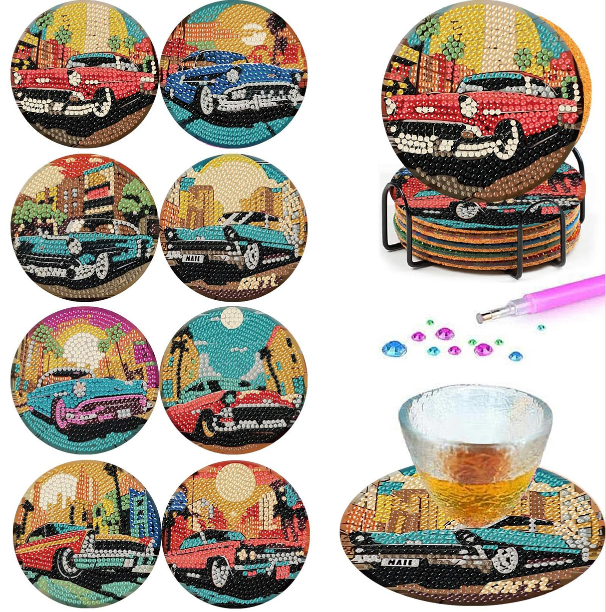 8 Pcs Car Diamond Painting Coasters Kits with Holder,DIY Diamond Art Coaster Kits for Adults,Diamonds Coasters Craft Supplies for Home Decor Gifts YarnMate