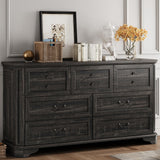 IRONCK Farmhouse 7 Drawers Dresser for Bedroom, 59" Long Dresser with Charging Station, Natural Texture, Vintage Design, for Bedroom, Charcoal IRONCK