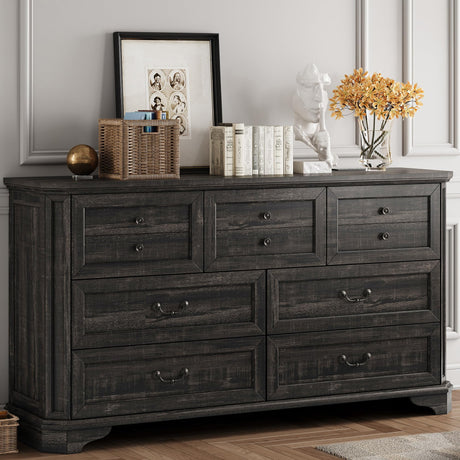 IRONCK Farmhouse 7 Drawers Dresser for Bedroom, 59" Long Dresser with Charging Station, Natural Texture, Vintage Design, for Bedroom, Charcoal IRONCK