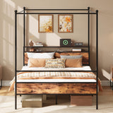 LIKIMIO Canopy Bed Frame Queen with Storage Headboard & Charging Station, Sturdy Metal Platform Bed with 4 Removable Posts, Dual Purpose Bed Frame, No Box Spring Needed, Noise Free LIKIMIO