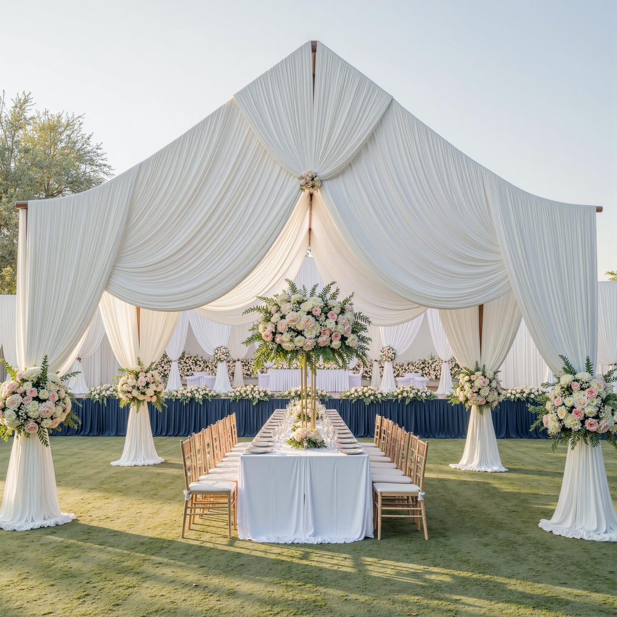 20ftx30ft White Ceiling Curtain for Wedding Parties – 4 Panels Wrinkle-Free 30 FT Long Tent Draping Curtains for Wedding, Birthday & Theme Parties, 30ft Height with Rod Pocket Party Village