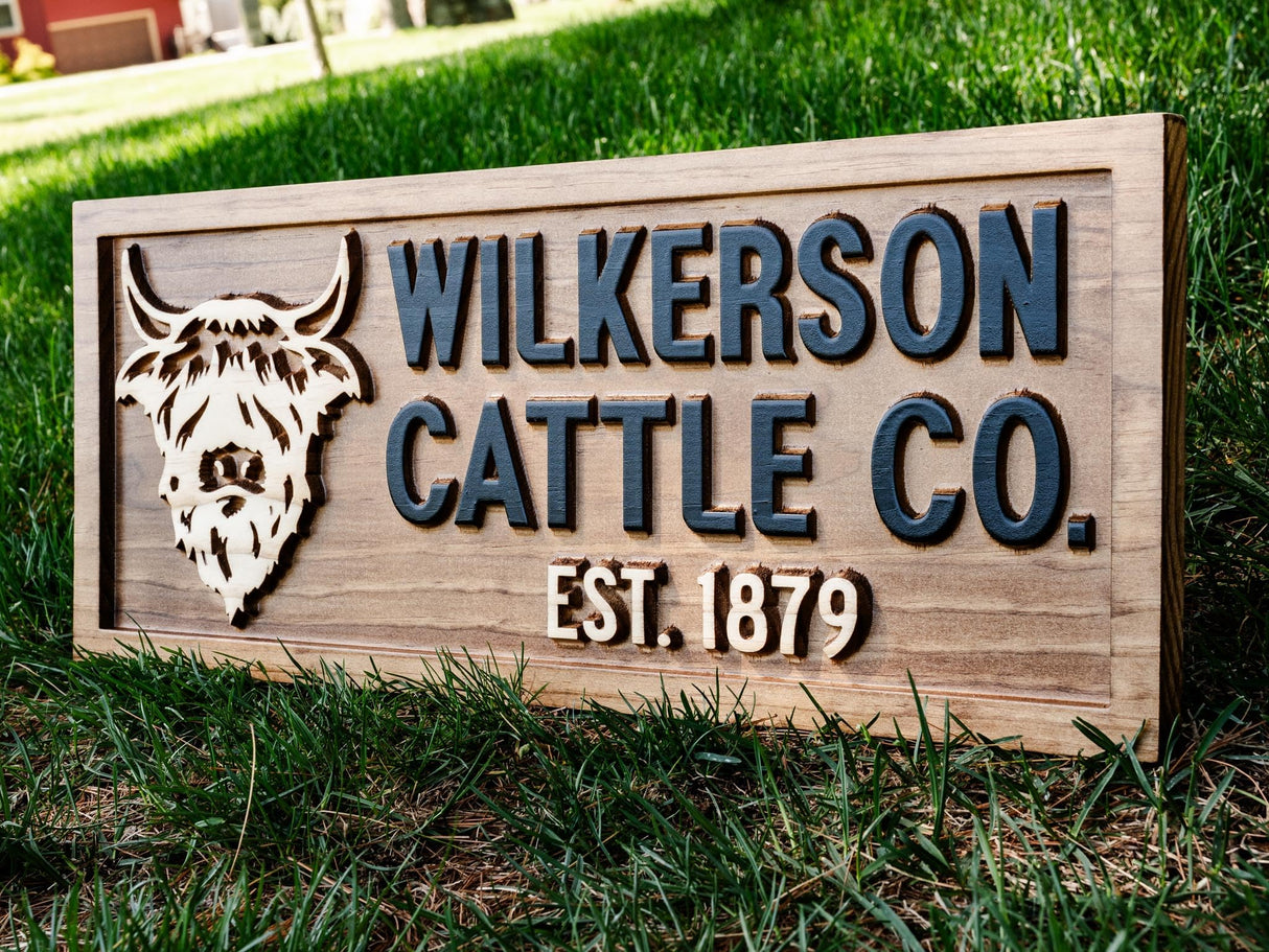 Personalized Wood Farmhouse Sign Highland Cattle Wooden Farmhouse Decor Cow Custom Carved Farm Sign Wall Family Name Sign Couple Established 3D Woodworker