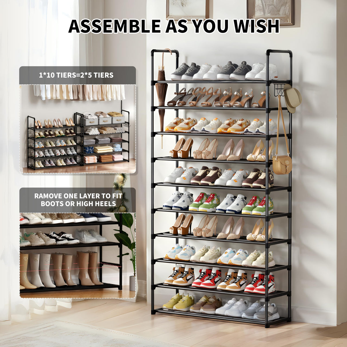 SRRSO Shoe Rack, 10 Tier Shoe Storage Organizer with Hooks,Fit 40-45 Pairs Shoes,Metal Tall Shoe Shelf for Closet,Entryway, Hallway,Garage,Bedroom,Cloakroom SRRSO