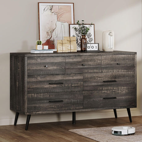 DWVO Dark Rustic Oak 7 Drawer Dresser, 47" W Large Double Dresser Chest of Drawers, Modern Wood Storage Dresser Organizer with Black Metal Handles & Anti-Tipping Device for Hallway, Entryway DWVO