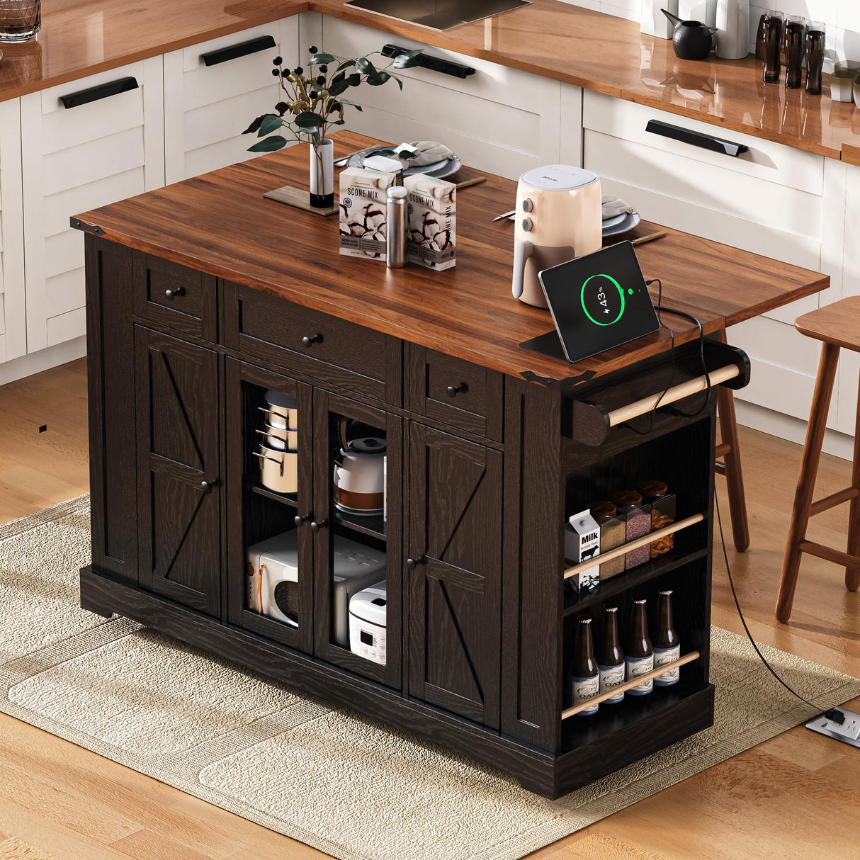 E-SHANMOHY Farmhouse Kitchen Island Cart with Drop Leaf & Charging Station,53" Rolling Island Cart on Wheels with Tempered Glass Doors Storage,Side Spice Racks,Ideal for Home Kitchen (Black-1) E-SHANHOMY