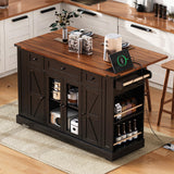 E-SHANMOHY Farmhouse Kitchen Island Cart with Drop Leaf & Charging Station,53" Rolling Island Cart on Wheels with Tempered Glass Doors Storage,Side Spice Racks,Ideal for Home Kitchen (Black-1) E-SHANHOMY