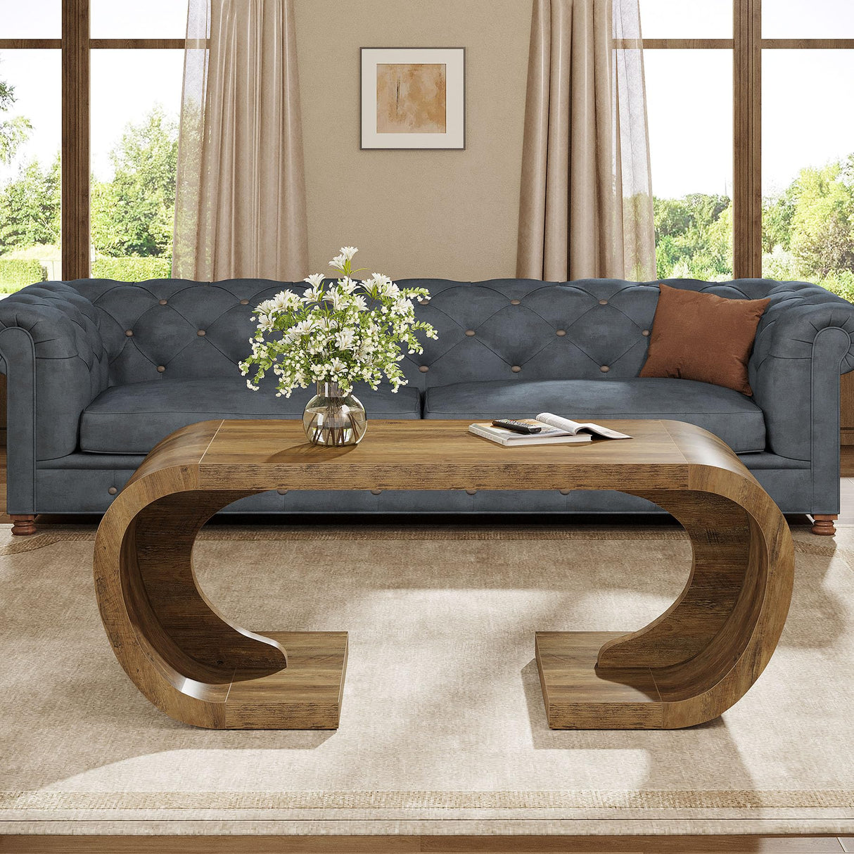 Tribesigns Farmhouse Coffee Table, 47" Heavy Duty C-Shaped Center Table with Curved Base, Large Tea Table for Living Room, Entertainment Room, Home Office, Rustic Brown Tribesigns