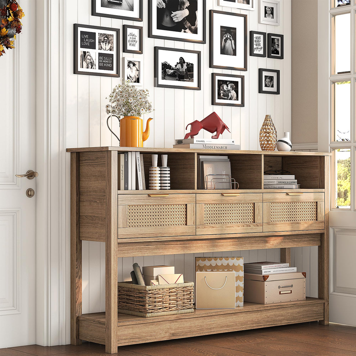 knoworld Rattan Console Table, Entryway Table Sofa Table with Storage, Hallway Foyer Table Behind Couch Table, Wood Console Tables Open Storage Shelf for Living Room, Hallway knoworld