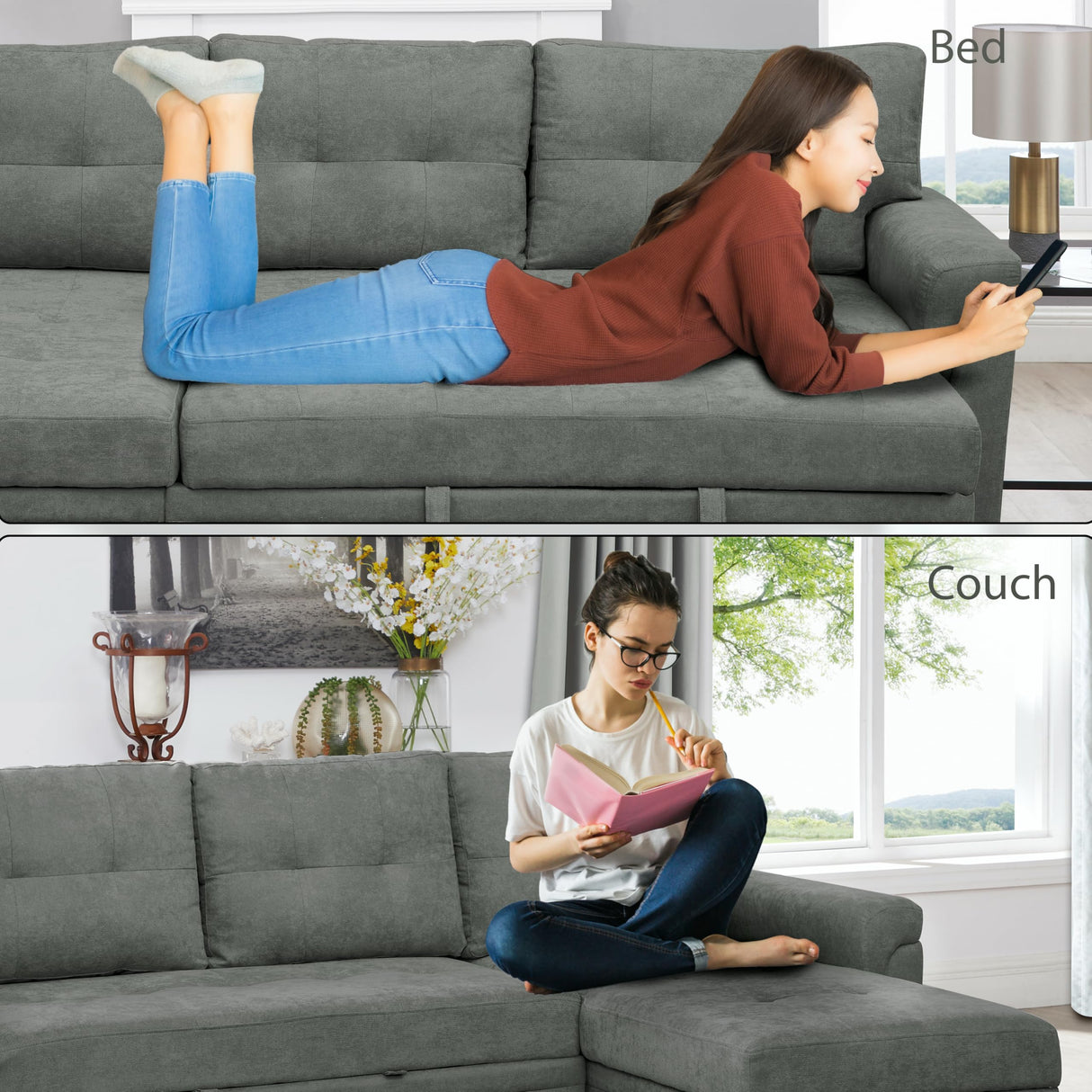 Naomi Home Transform Any Space: Sleeper Sectional Sofa with Convertible Sofa Bed & Inviting Chaise. Find Tranquil Comfort with Stress-Relieving Design & Durable Cushions - Gray/Velvet Naomi Home