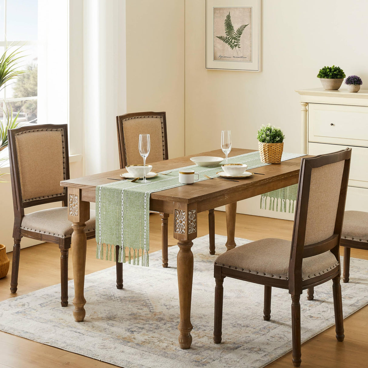 YZJZEDS Hemstitched Farmhouse Table Runner, Sage Green 13x72 Inch, Cotton Linen Table Runners 72 Inches Long, Embroidered Striped Sage Green Boho Table Runner Rustic Home Decor YZJZEDS