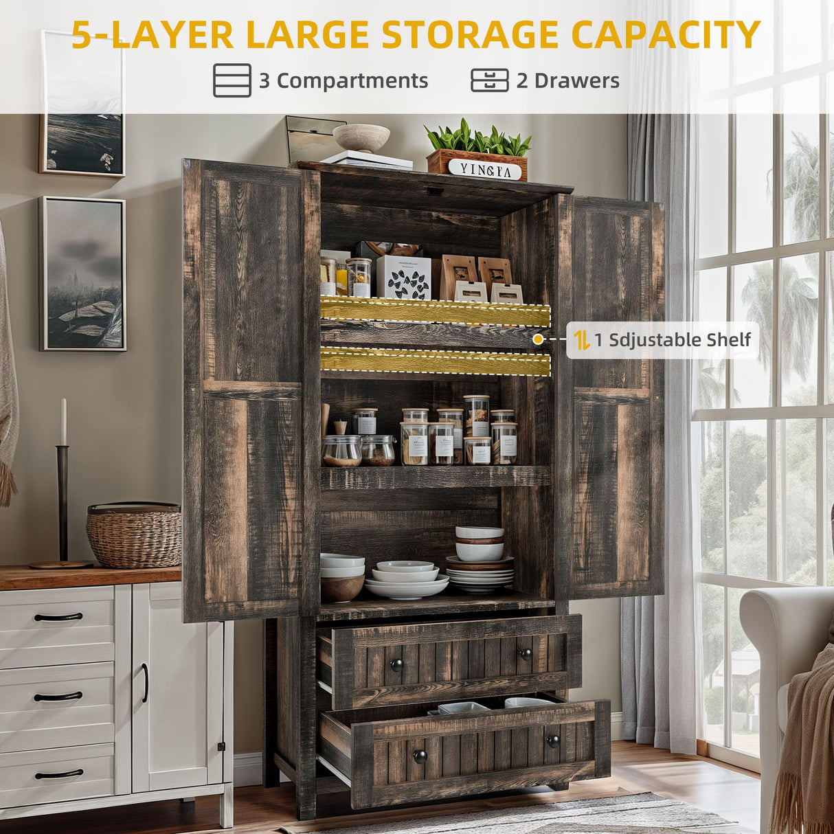 YITAHOME Farmhouse Kitchen Pantry Cabinet, 64.5" Tall Storage Cabinet with 2 Drawers & Adjustable Shelves, Ideal for Kitchen, Living Room, or Entryway, Dark Rustic YITAHOME