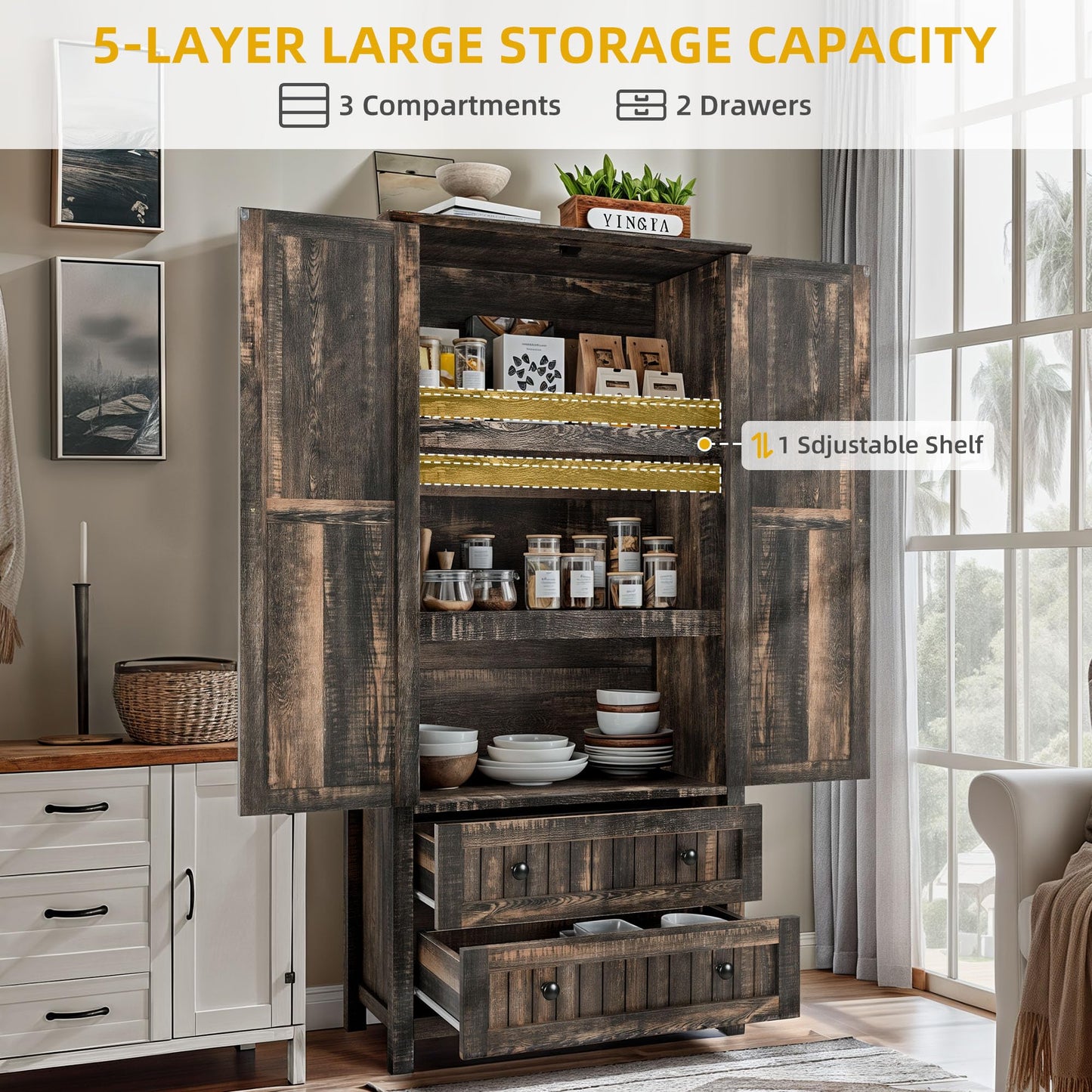 YITAHOME Farmhouse Kitchen Pantry Cabinet, 64.5" Tall Storage Cabinet with 2 Drawers & Adjustable Shelves, Ideal for Kitchen, Living Room, or Entryway, Dark Rustic