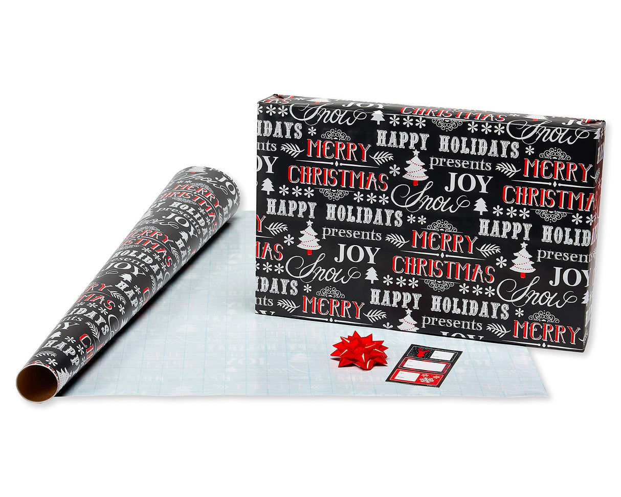American Greetings 120 sq. ft. Red and Black Christmas Wrapping Paper Set with Cut Lines (4 rolls 30 in. x 12 ft., 7 Bows, 30 Gift Tags), Christmas Text, Plaid, Reindeer and Snowflakes Papyrus