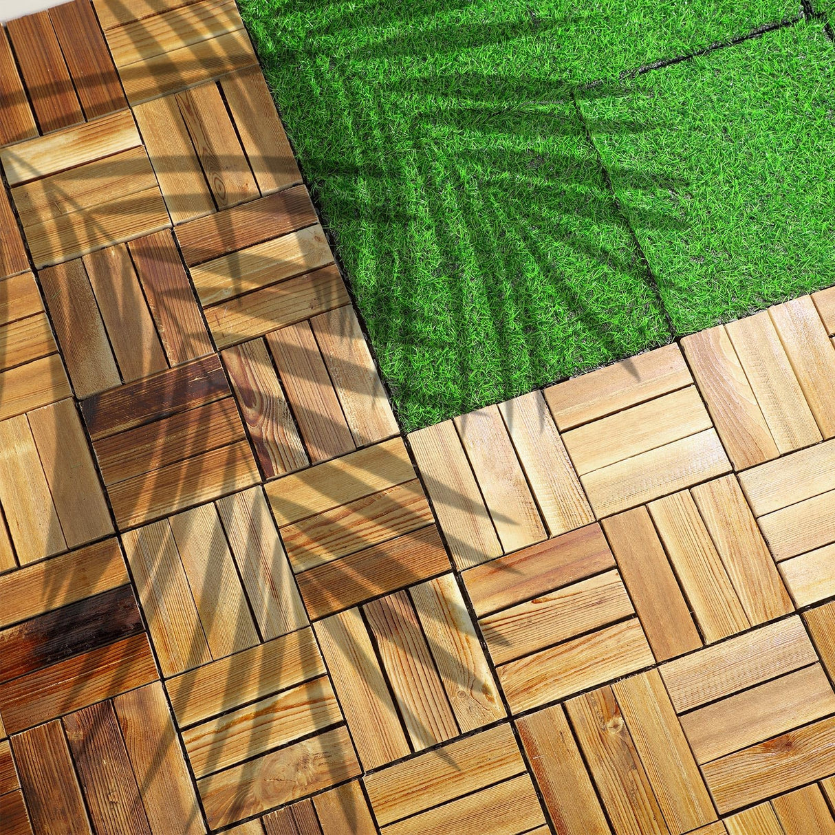 Sasylvia 48 Pcs Hardwood Interlocking Patio Deck Tile and Artificial Grass Tile Waterproof Wood Flooring Tile Interlocking Turf Tile Outdoor Self Draining Tile for Balcony Garden Patio Lawn, 12 x 12'' Sasylvia