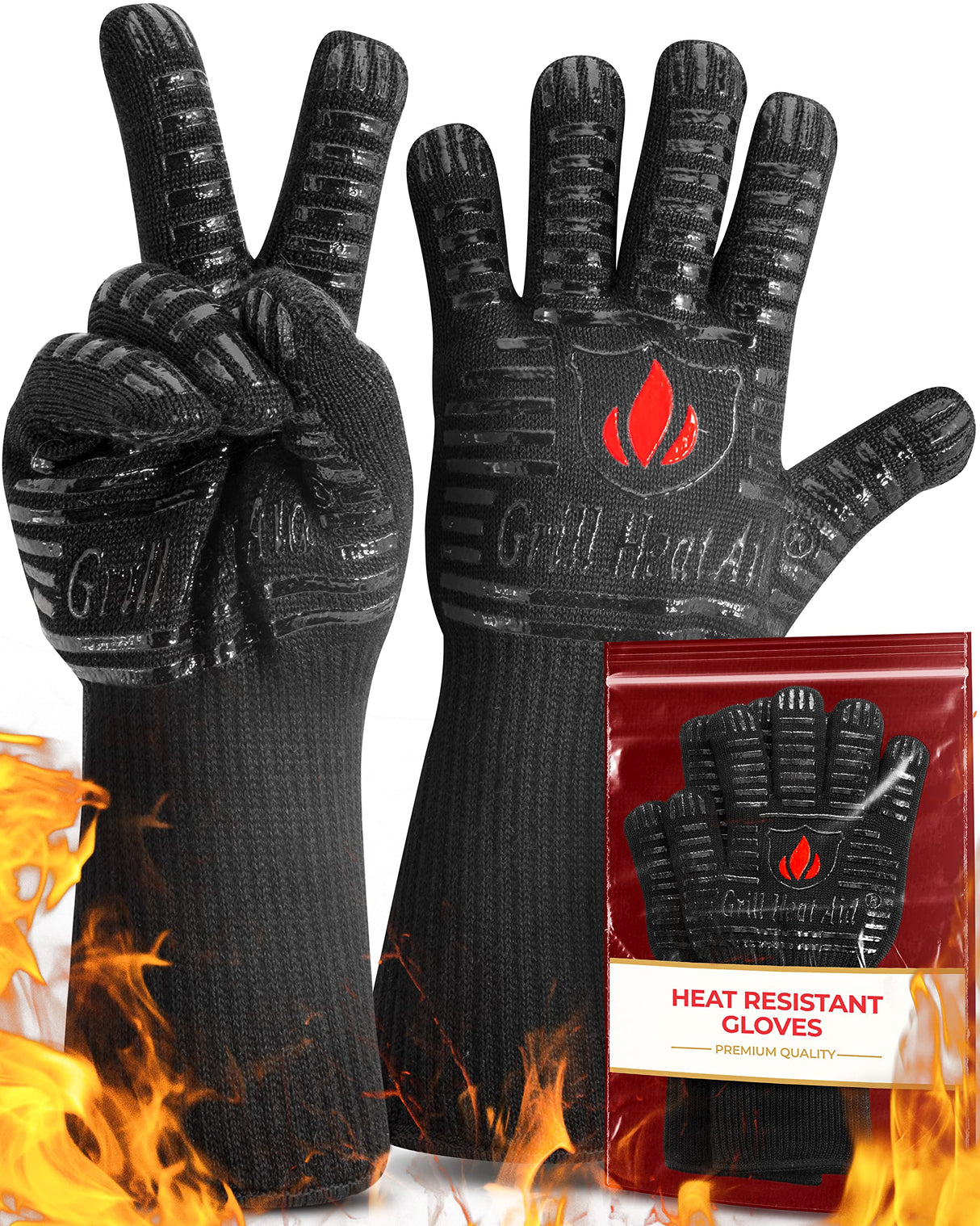 GRILL HEAT AID Premium BBQ Gloves - 1472°F Heat Resistant Gloves for Grilling, Longer Cuff Grill Gloves Heat Proof for Men, Oven Mitts for Baking, Pizza, Barbecue, Cast Iron, Fire Pit, Fireplace Grill Heat Aid