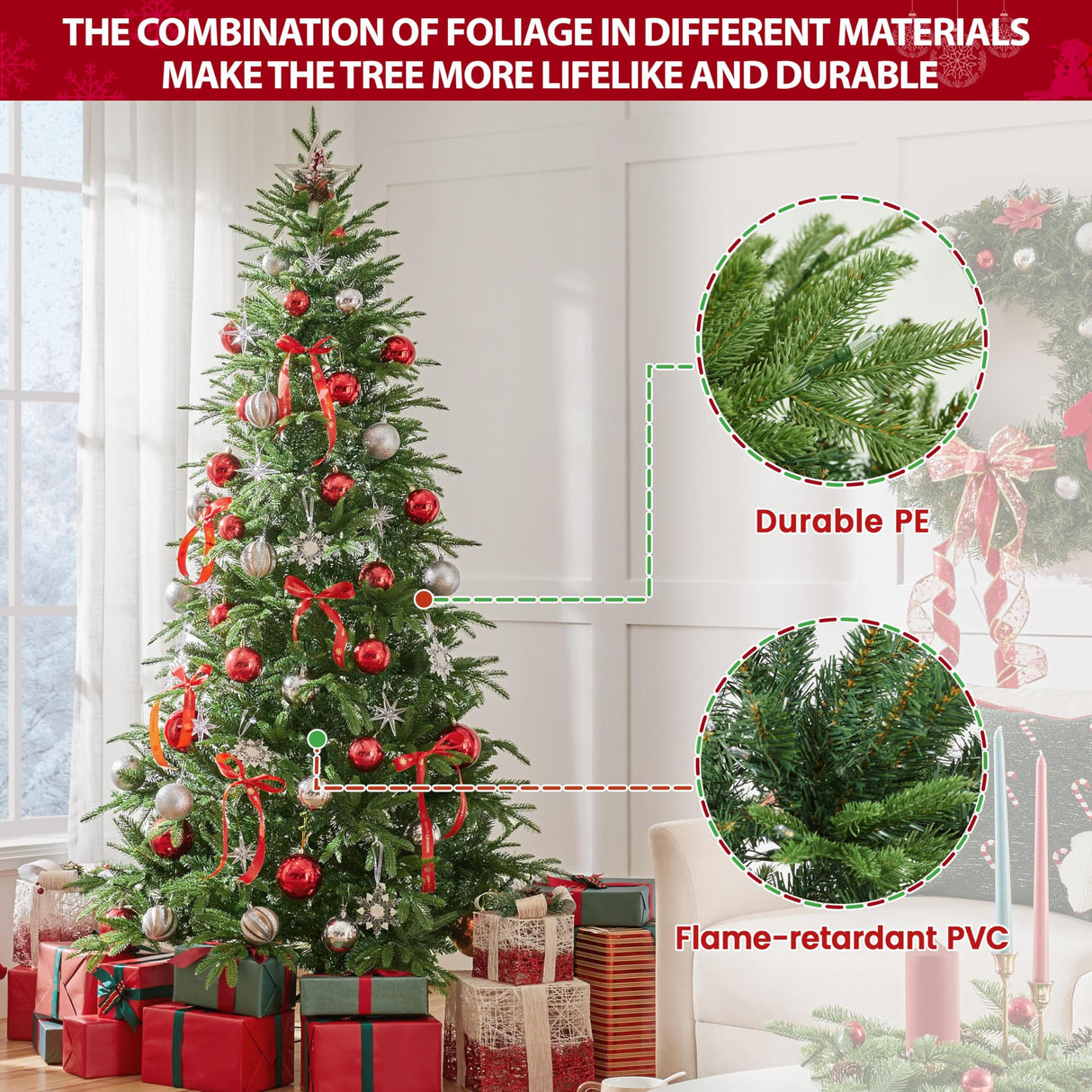 Yaheetech 6ft Pre-Lit Aspen Christmas Tree with 350 Multicolored LED Lights, 1576 PE & PVC Branch Tips, 9 Light Modes Lighted Artifical Noble Fir, Holiday Décor, Foldable Metal Stand Yaheetech