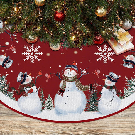 EKOREST Snowman Christmas Tree Skirt 48 Inches, Red Backgrond Snowflake Pencil Tree Skirt, Winter Xmas Tree Mat Decorations for Home Party Holiday Decorations EKOREST