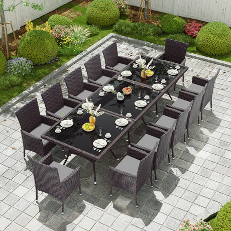Kullavik 15-piece Outdoor Dining Set,All-weather Wicker Table and Chairs Patio Furniture Set for Garden with Grey Cushions,Square Glass Table Top with Umbrella Cutout,8 Chairs Kullavik