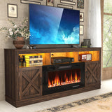 jiteentarou Farmhouse Fireplace TV Stand for 70/75/80 Inch TV, 32”Tall Entertainment Center w/ 36”Electric Fireplace & LED Light, 70”Media Console w/Barn Door Cabinet for Living Room, Brown jiteentarou