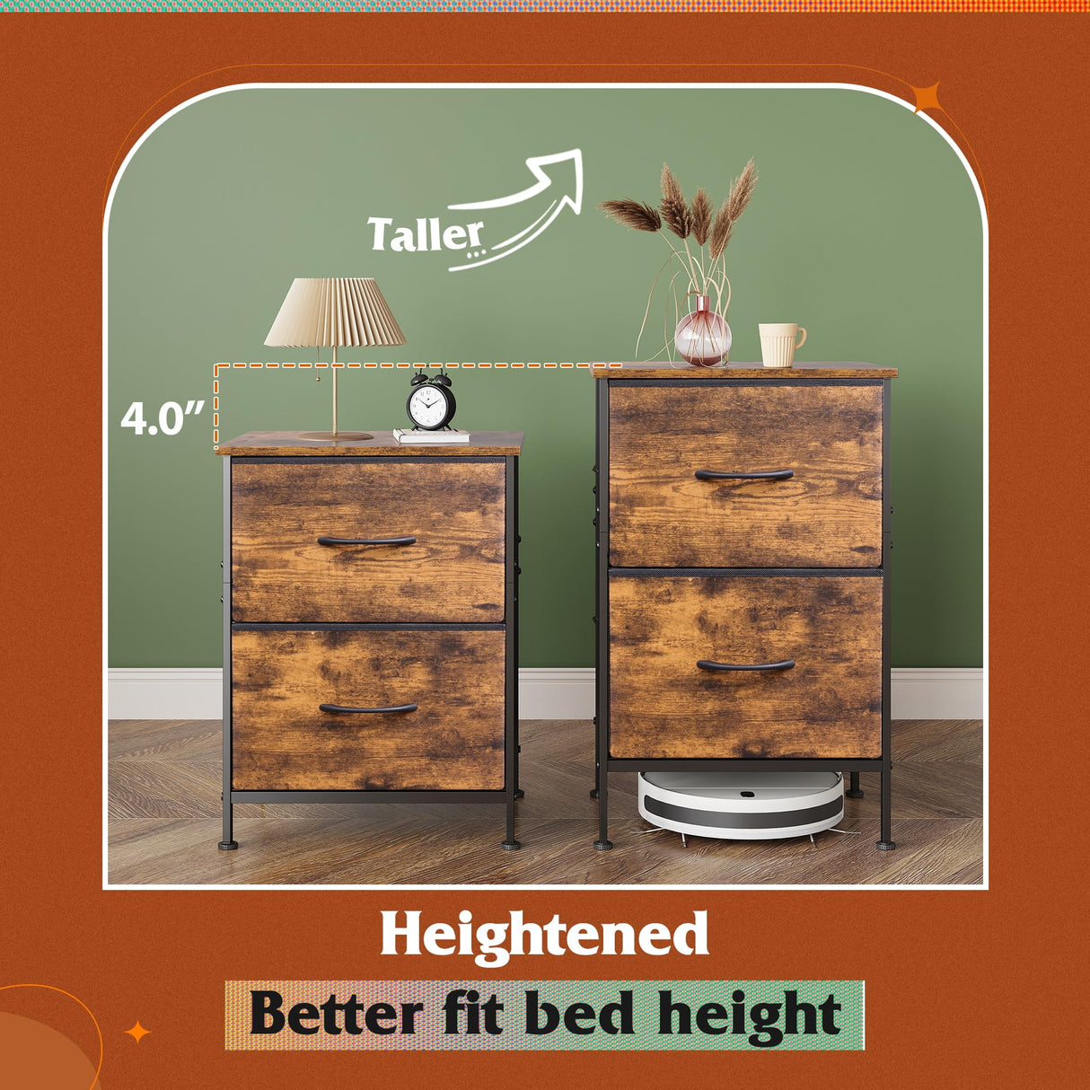 WLIVE Night Stand with Drawers, Dresser for Bedroom with 2 Fabric Drawer, Small Bedside Tables, Nightstand End Table Furniture, College Dorm, Rustic Brown Wood Grain Print, Size L WLIVE