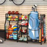 Sports Equipment Organizer Golf Bag Stand Golf Storage Organizer for Garage with Basket and Hooks, Storage Rack for 2 Golf Bag,Two Assembly Methods Sonyabecca