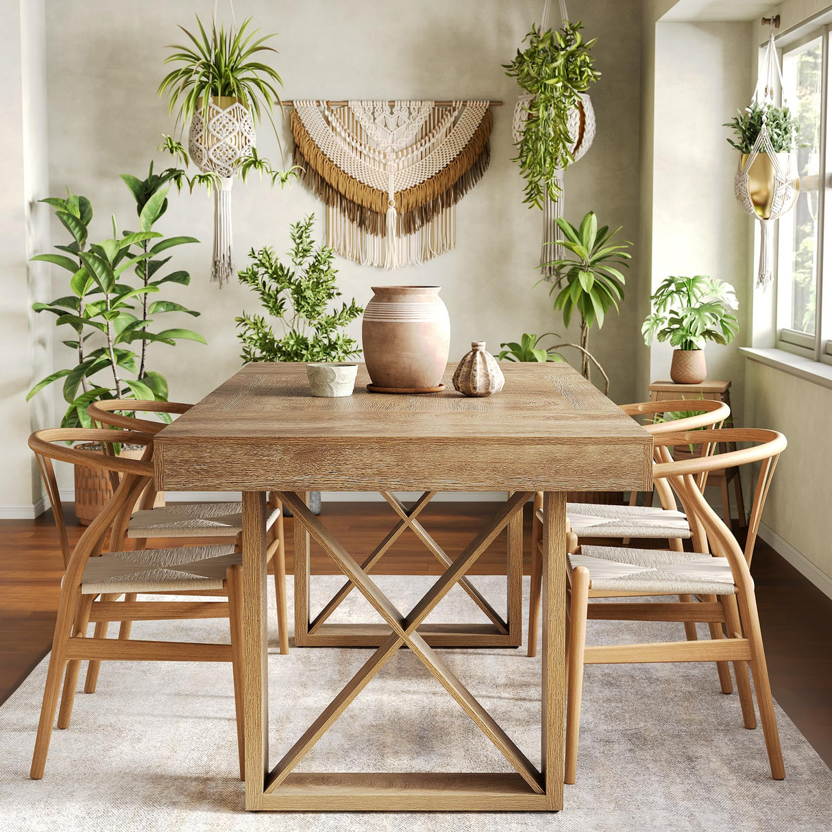 LITTLE TREE 63-Inch Rectangle Dining Table for 4-6 People, Farmhouse Thick Appearance Design, Rectangular Kitchen Dinner Table for Home, Rustic Yellowish Brown LITTLE TREE