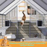 Catio Outdoor Cat Enclosure, 53.5ft² Extra Large Wooden Cat Catio Outdoor Cat House with Weatherproof Roof, Walk-in Doors with Lock, Window Access, 110" L x 71" W x 74" H, Grey Nyeekoy