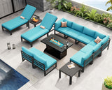 NICESOUL 13 Piece Large Modern Aluminum Patio Furniture Set, Rust Water Resistant Modular Outdoor Conversation Set with Chaise & Fire Pit Table, 500 lbs Durable Modular Sectional Sofa for Deck, Teal NICESOUL