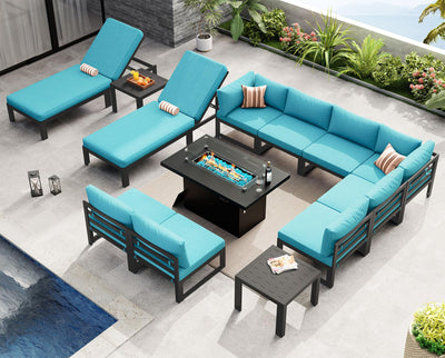 NICESOUL 13 Piece Large Modern Aluminum Patio Furniture Set, Rust Water Resistant Modular Outdoor Conversation Set with Chaise & Fire Pit Table, 500 lbs Durable Modular Sectional Sofa for Deck, Teal