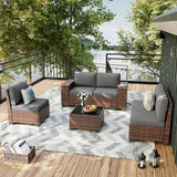 UDPATIO Patio Furniture Set, 8 Inch Armrest Outdoor Sectional Sofa, 6 Piece Wicker Outdoor Furniture Conversation Sets with Waterproof Cover and Coffee Table for Backyard Deck(Brown/Dark Grey) UDPATIO