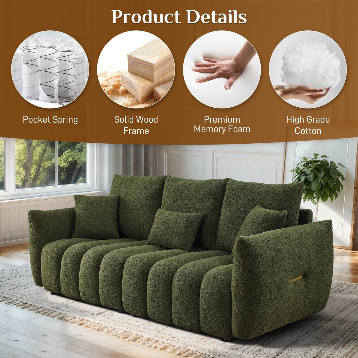 OUYESSIR Teddy Cloud Sofa Couch, 81" Comfy Upholstered Sherpa Deep Seat Boucle Sofa, Modern Cozy 3 Seater Couch with 3 Pillows, Oversized Loveseat for Living Room Office Apartment, Green OUYESSIR