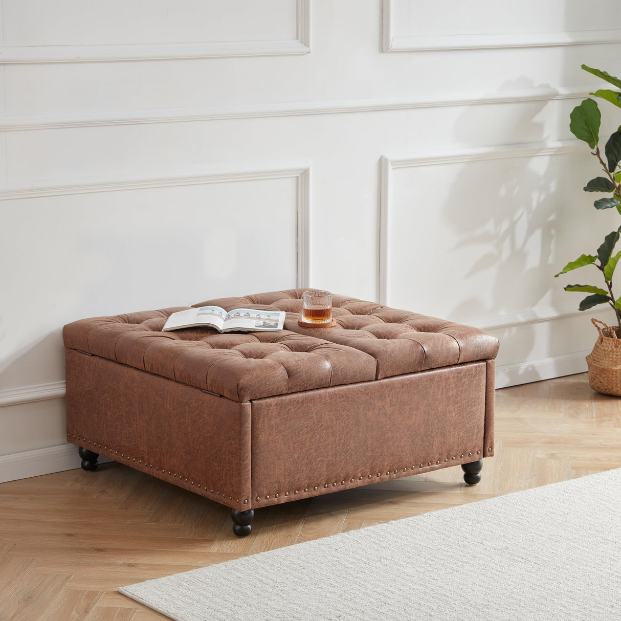 Tbfit Large Square Storage Ottoman Bench, Tufted Upholstered Coffee Table Ottoman with Lift Top & Solid Wood Legs, Oversized Storage Ottomans Toy Box for Living Room (Brown) Tbfit