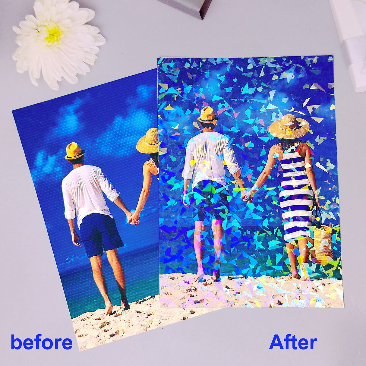 32 Sheets Holographic Sticker Paper Clear Vinyl Self Adhesive Waterproof Rainbow Transparent Overlay Film A4 Size Holographic Overlay with 4 Styles Mixed Bleidruck