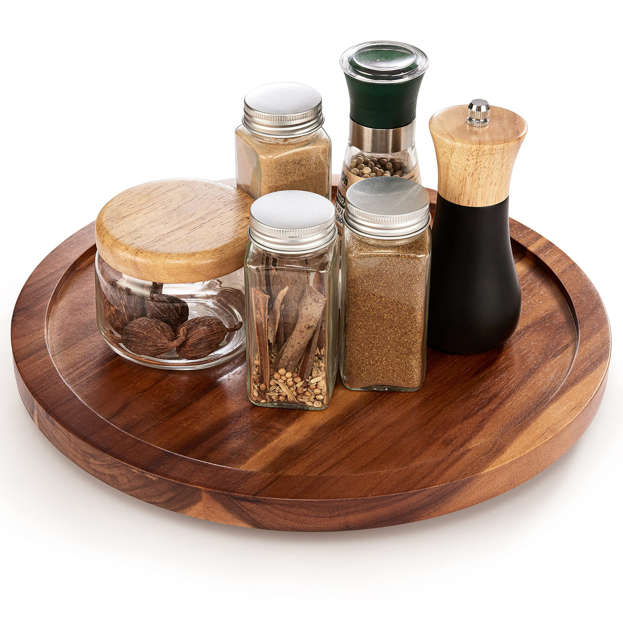 TIDTIA 13" Acacia Wood Lazy Susan Organizer for Cabinet - Round Lazy Susans Turntable for Countertop - Wooden Kitchen Rotating Storage Food Bin Container for Centerpiece Table, Spices, Pantry Tidita