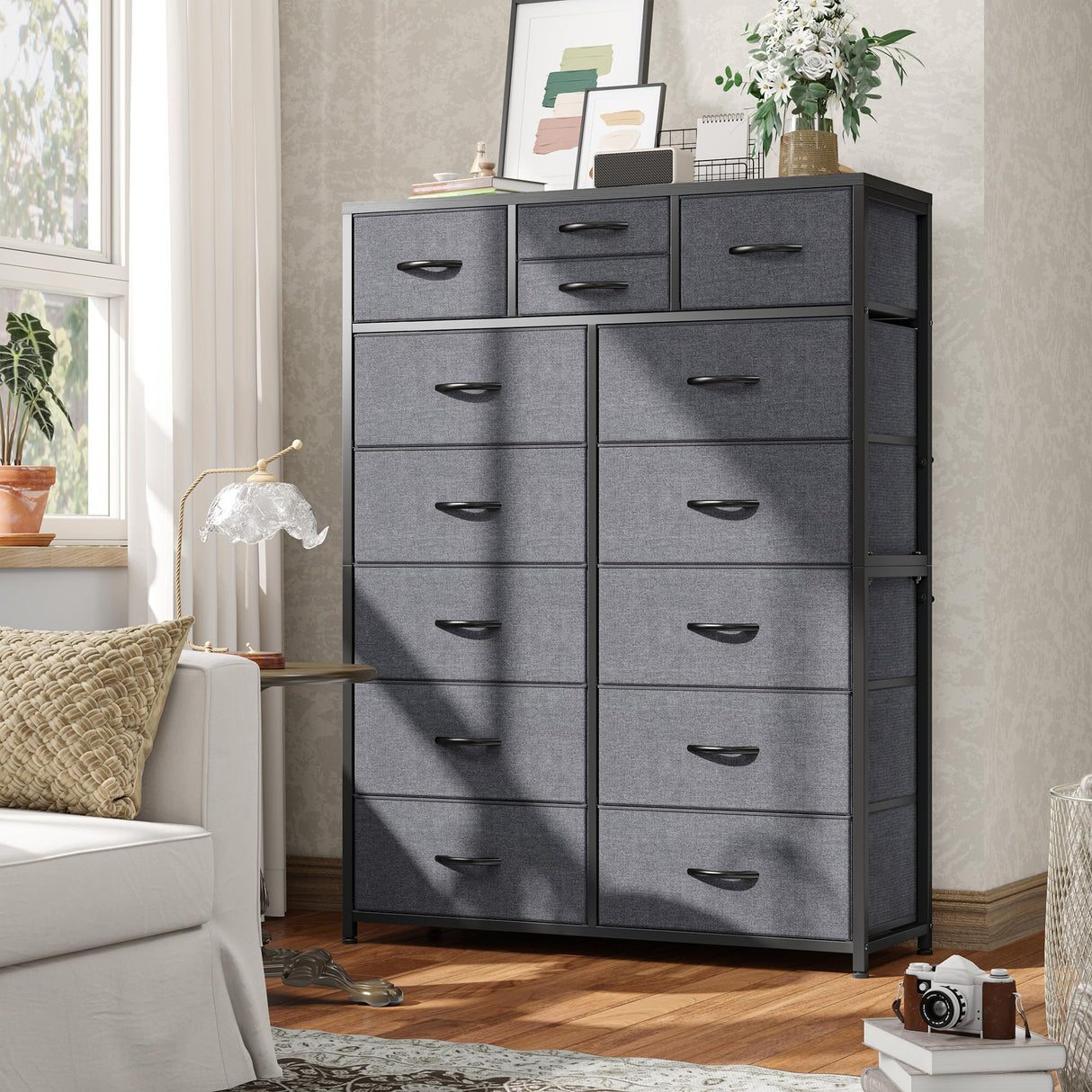 14 Drawer Dresser, Tall Fabric Dressers & Chest of Drawers, Large Bedroom Dresser for Bedroom, Closets, Living Room, Entryway, Wooden Top, Metal Frame, 52.2" H x 37.4" W x 11.8" D, Grey EnHomee