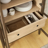 Modway Nolan Modern Farmhouse 71 Inch Tall Arched Storage Display Cabinet in Walnut Hickory Wood Grain - 4-Tier Bookcase with Glass Doors and Shelves - Arch Accent Cabinet for Living Room Modway