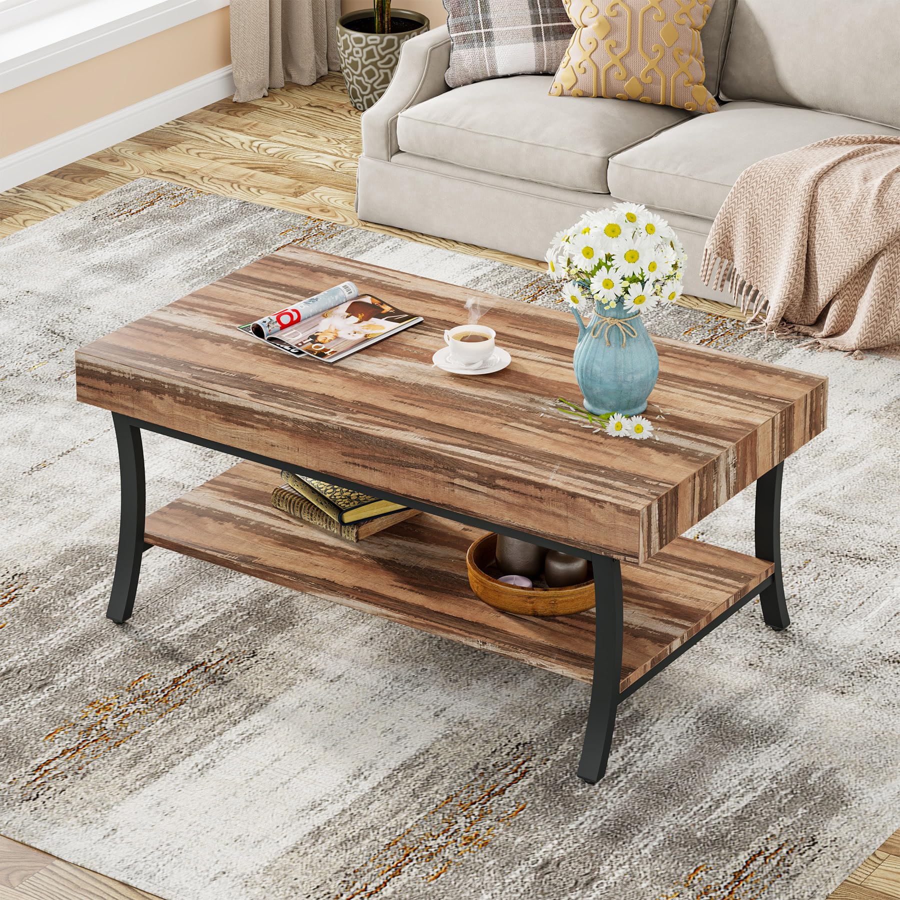 Tribesigns Farmhouse Coffee Table with Storage, 2-Tier Rustic Living Room Table Industrial Center Table Wooden Low Rectangle Cocktail Tea Table, Oak & Black - WoodArtSupply