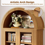 IRONCK Arched Bookshelf with Glass Door, 75" Tall Bookcase with LED, 6 Tier Storage Cabinet with Rattan Door, Large Pantry Cabinet for Living Room Kitchen Office IRONCK