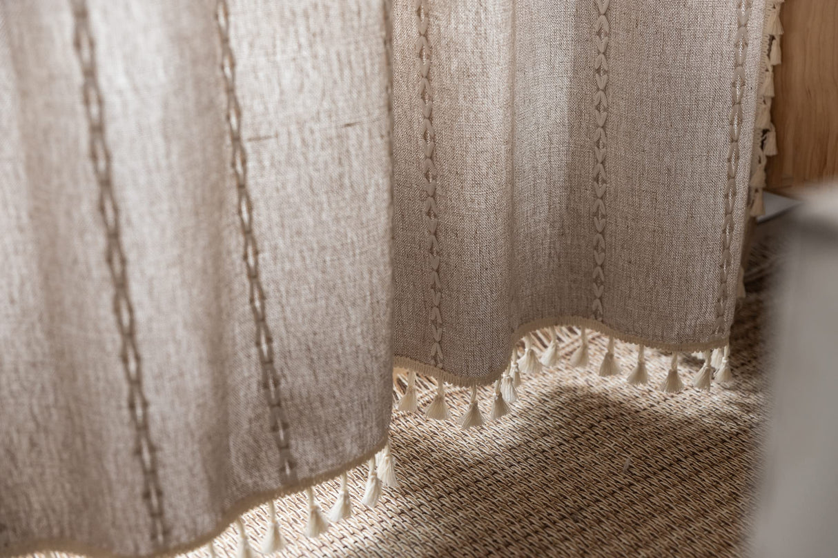 RoomTalks Country Farmhouse Cotton Polyester Curtains for Bedroom Living Room 63 Inch Length Light Filtering Boho Chic Cabin Rustic Window Curtain Panels with Tassels Striped Bohemian Draperies RoomTalks