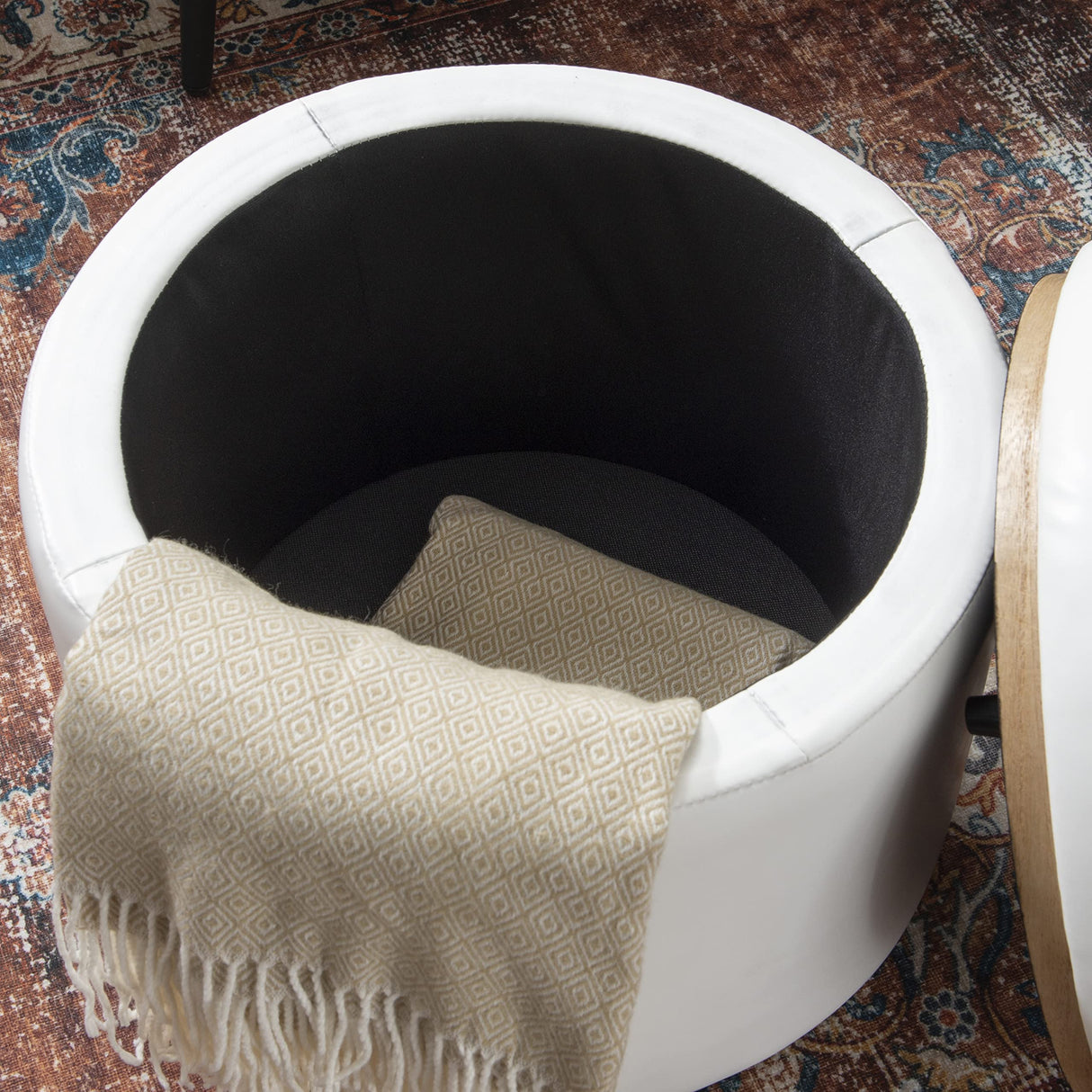 Linon Lexington White Faux Leather Round Storage Ottoman with Wood Accent Linon