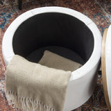 Linon Lexington White Faux Leather Round Storage Ottoman with Wood Accent Linon