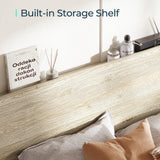 LINSY Beige Full Size Wood Platform Bed Frame with Ergonomic Headboard and Storage Shelf LINSY